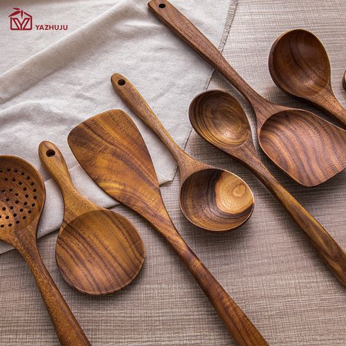雅竹居长柄锅铲柚木厨具 木质锅铲套装厨房用品烹饪7件套厂家批发